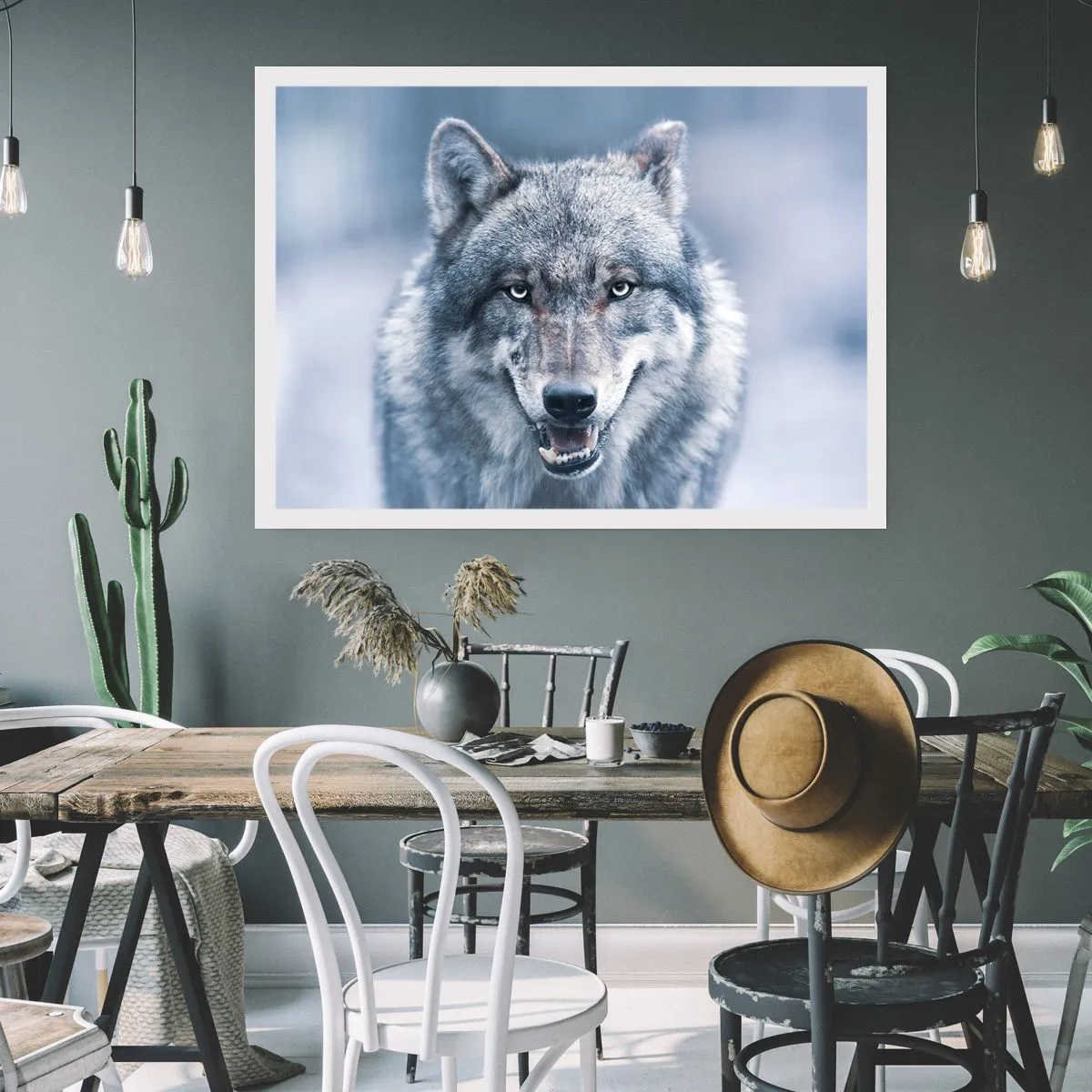 Affiche - Poster - Un loup au regard intense dans un paysage hivernal - 100x70cm - Relèverez-vous le défi ? - Décoration murale moderne pour le salon et la chambre ARTTOR