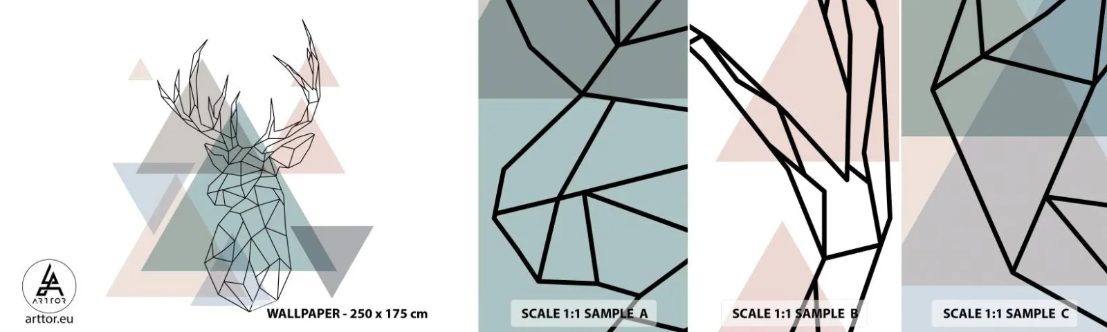 Échantillon de Papier Peint Autocollant Deluxe Sticker - Dans une forêt géométrique - Abstraction, Cerf, Graphique - 100x30 cm