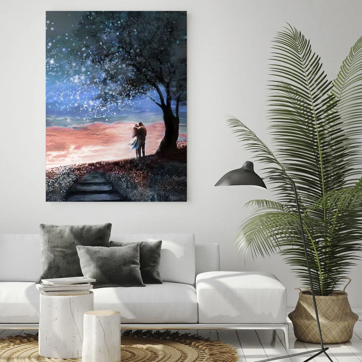 Impression sur verre - Image sur verre - Un couple amoureux sous un arbre avec la lune et les étoiles - 50x70cm - Spectacle étoilé - Décoration murale moderne pour le salon et la chambre ARTTOR