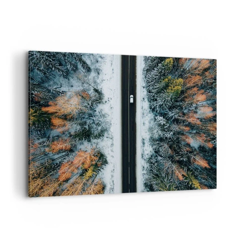 Impression sur toile - Image sur toile - Une route à travers une forêt hivernale vue à vol d'oiseau - 120x80cm - Couper à travers la forêt d'hiver - Décoration murale moderne pour le salon et la chambre ARTTOR