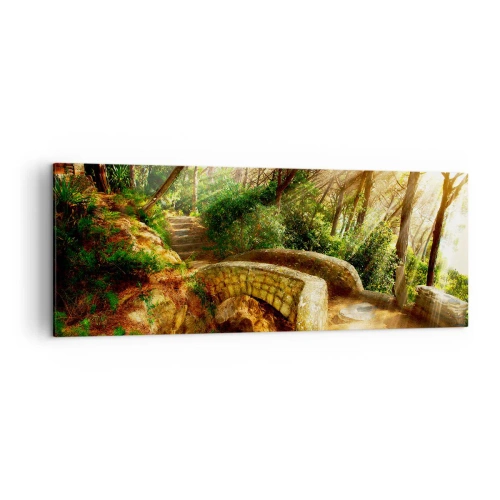 Impression sur toile - Image sur toile - Paysage forestier avec des rayons de soleil et un pont de pierre - 140x50cm - Directement du pont dans une forêt de conte de fées - Décoration murale moderne pour le salon et la chambre ARTTOR