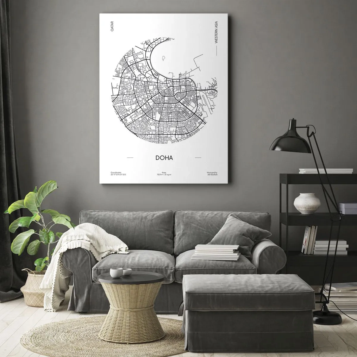 Impression sur toile - Image sur toile - Une carte minimaliste de Doha en noir et blanc avec des détails précis. - 70x100cm - Anatomie de Doha - Décoration murale moderne pour le salon et la chambre ARTTOR