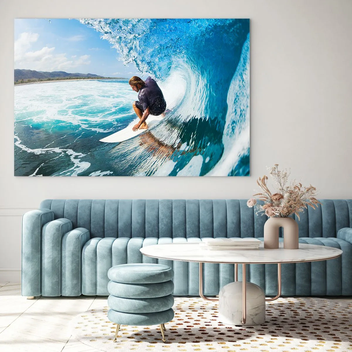 Impression sur verre - Image sur verre - Surfeur dans un tunnel d'eau avec l'océan en arrière-plan - 120x80cm - Danse avec les vagues - Décoration murale moderne pour le salon et la chambre ARTTOR