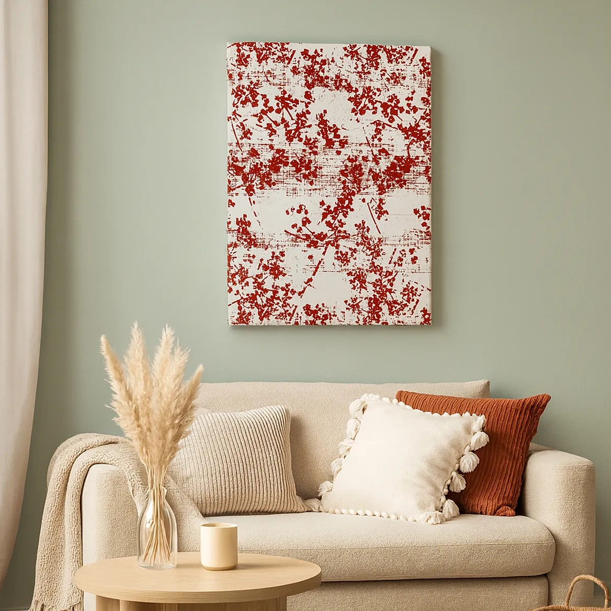 Impression sur toile - Image sur toile - Fleurs rouges sur fond blanc dans un style artistique - 50x70cm - Comme un calicot ancien - Décoration murale moderne pour le salon et la chambre ARTTOR
