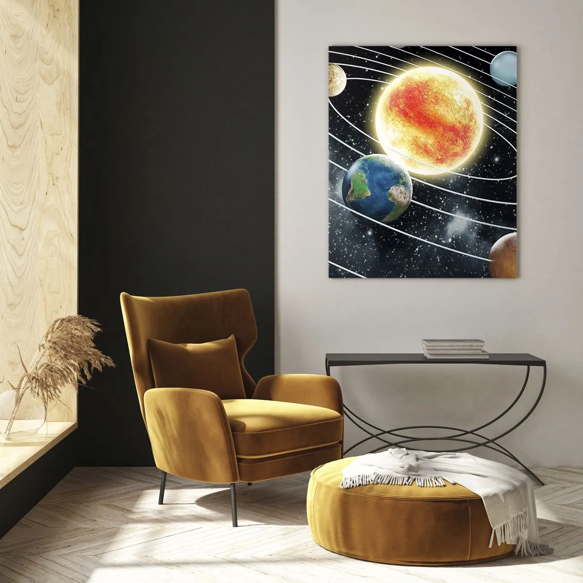 Impression sur verre - Image sur verre - Système solaire avec planètes et soleil dans l'espace - 80x120cm - Danse cosmique - Décoration murale moderne pour le salon et la chambre ARTTOR