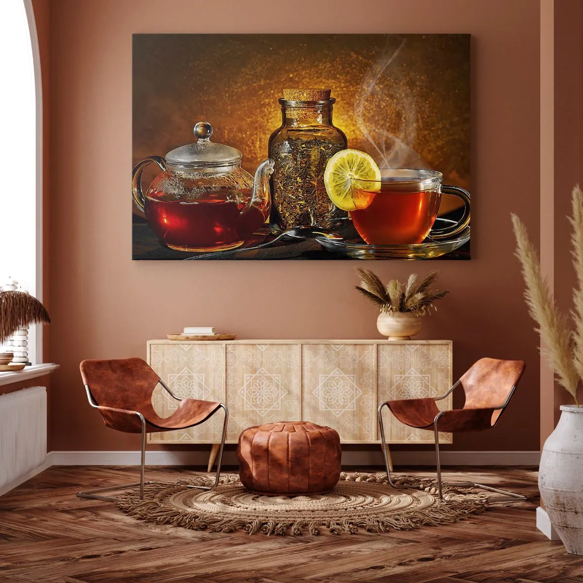 Impression sur toile - Image sur toile - Thé dans une carafe en verre avec du citron et du thé en vrac - 100x70cm - Dans le style des maîtres hollandais - Décoration murale moderne pour le salon et la chambre ARTTOR