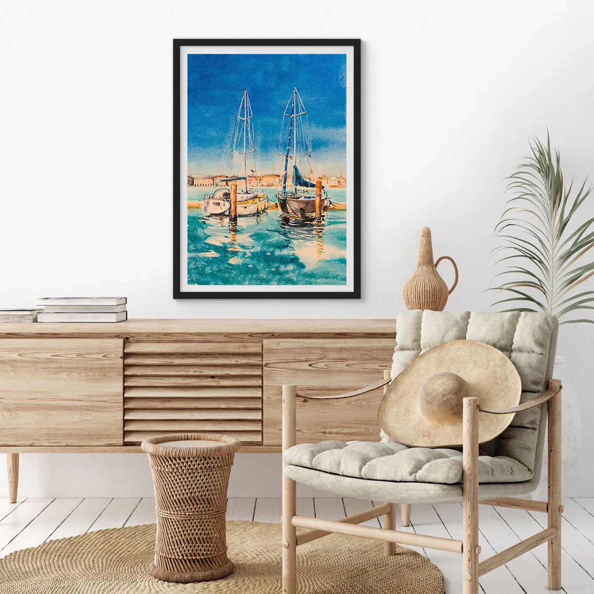 Affiche dans un cadre noir - Poster - Illustration à l'aquarelle de voiliers sur fond de lagon bleu par une journée ensoleillée. - 50x70cm - Lagune ensoleillée - Décoration murale moderne pour le salon et la chambre ARTTOR