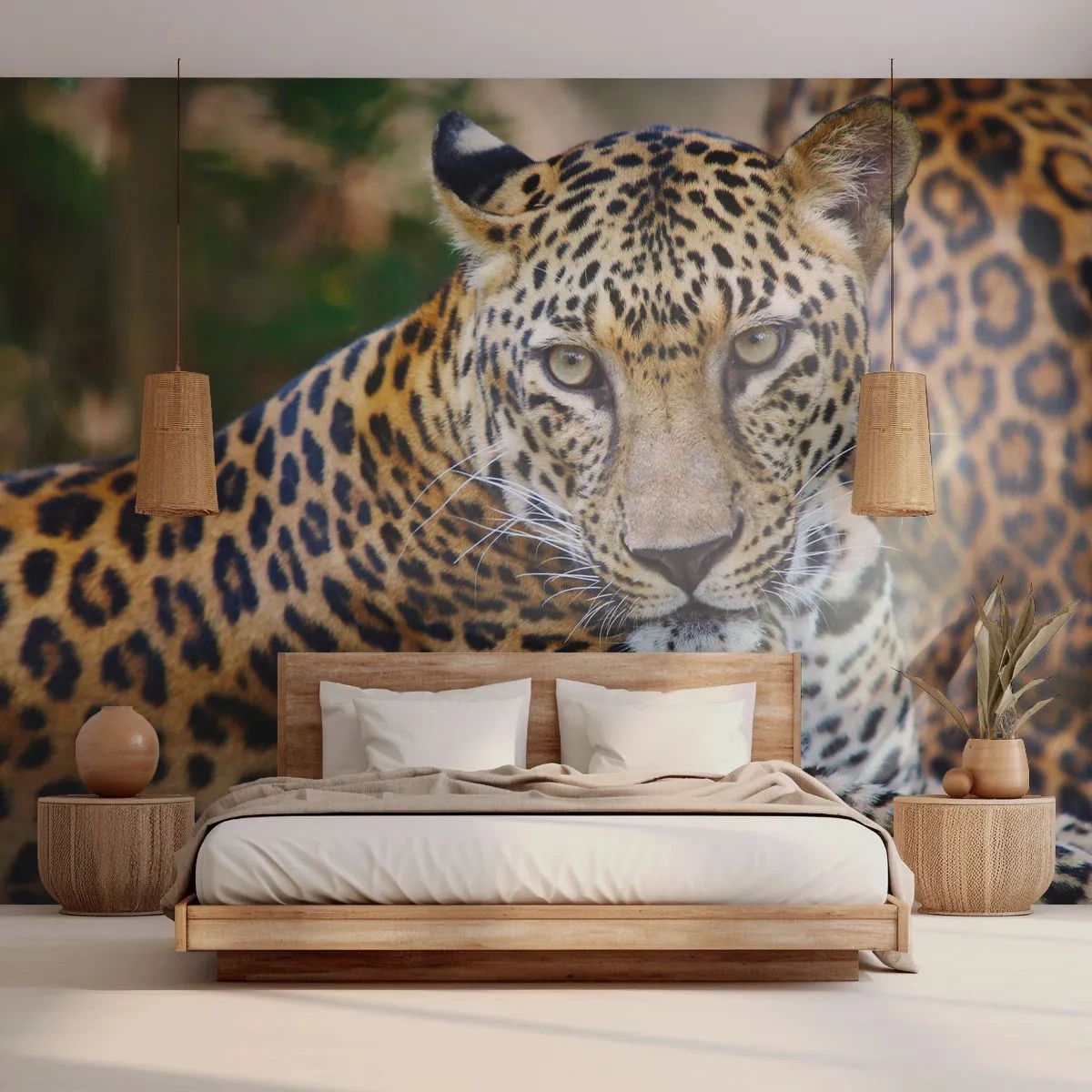 Papier Peint Photo Premium Sand - Un léopard allongé avec un regard intense sur fond de jungle. - 100x70cm - Sauvage et calme - Décoration murale moderne pour le salon et la chambre ARTTOR