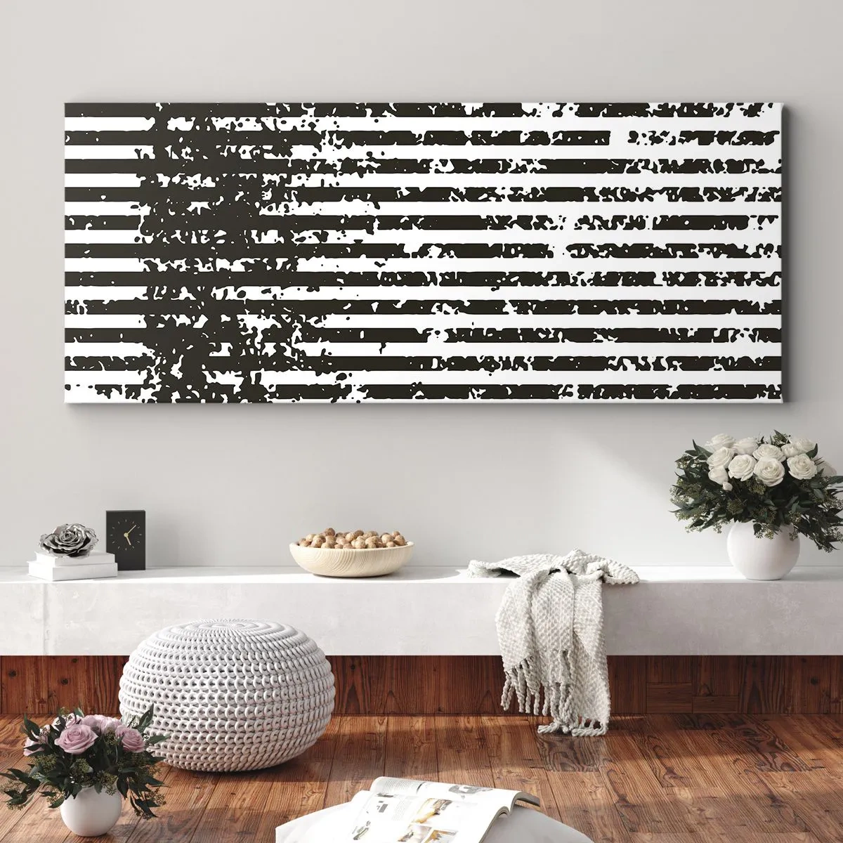Impression sur toile - Image sur toile - Lignes abstraites avec un effet vieilli en noir et blanc - 160x50cm - Rythme et bruissement - Décoration murale moderne pour le salon et la chambre ARTTOR