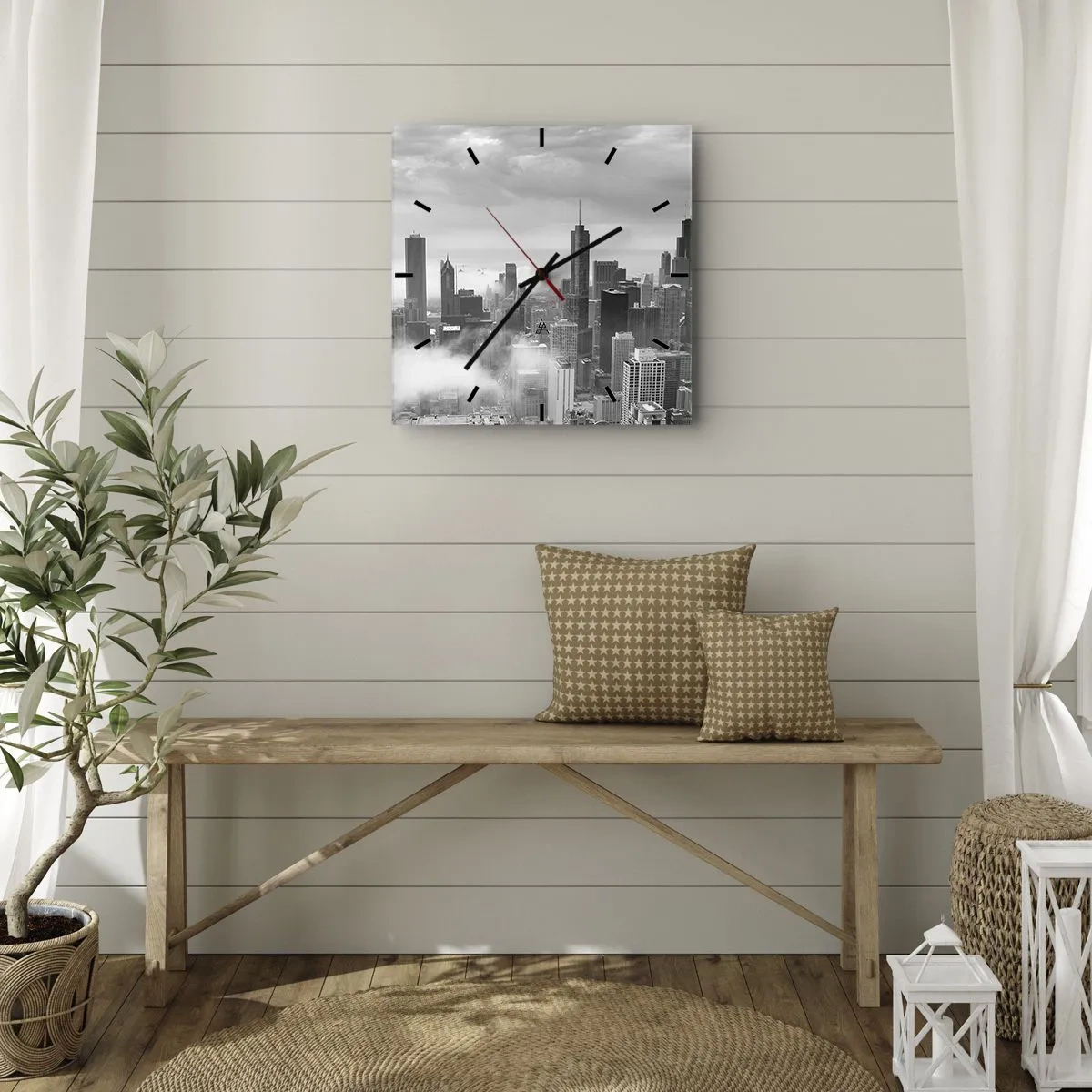 Horloge murale - Pendule murale - Panorama de la ville avec des gratte-ciels dans les nuages en noir et blanc - 30x30cm - Paysage américain - Décoration murale moderne pour le salon et la chambre ARTTOR