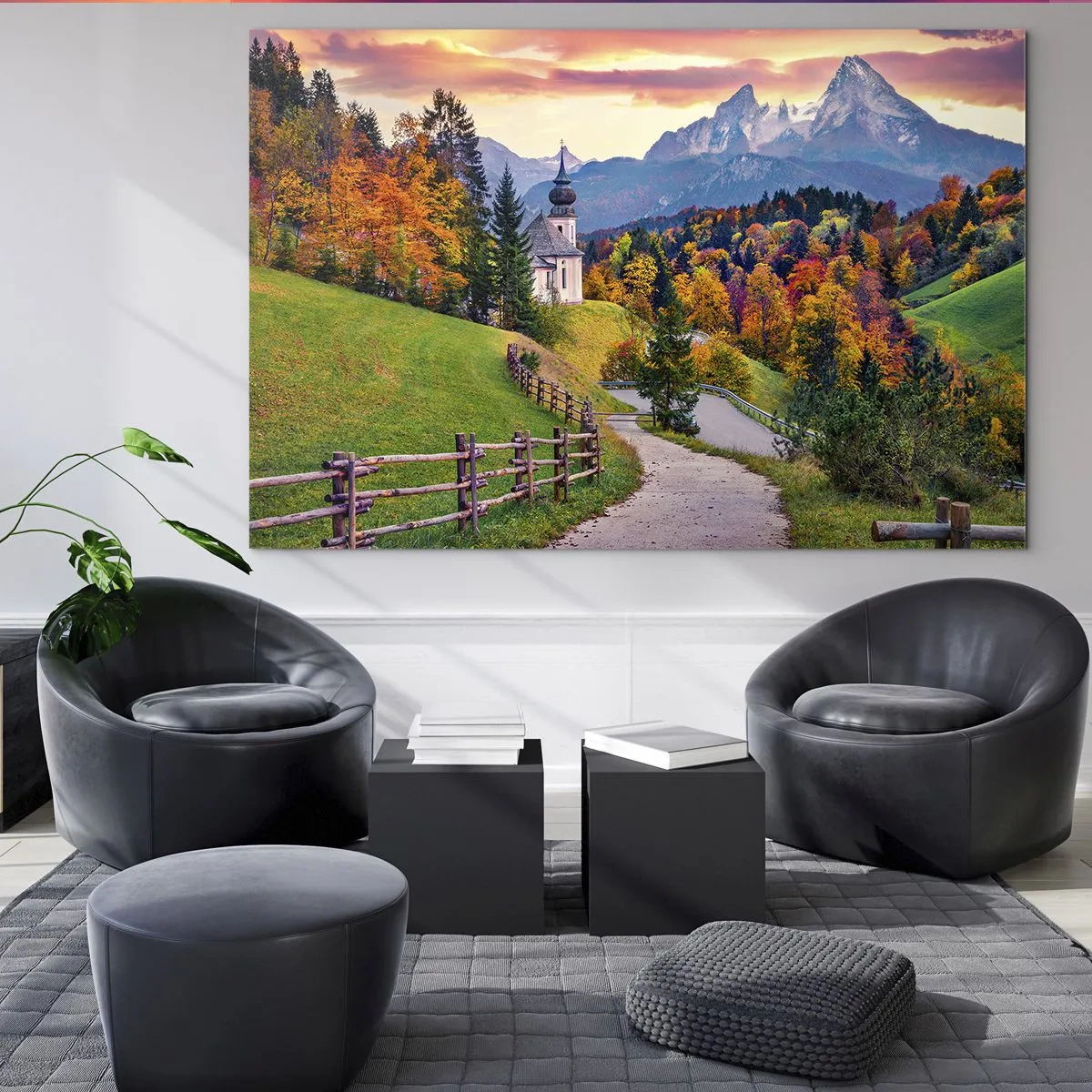 Impression sur verre - Image sur verre - Paysage de montagne d'automne avec une église et une route menant à travers les collines - 70x50cm - Paysage comme peind - Décoration murale moderne pour le salon et la chambre ARTTOR