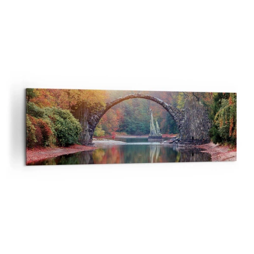 Impression sur toile - Image sur toile - Un pont de pierre dans un paysage d'automne sur une eau calme - 160x50cm - De l'autre cote du miroir - Décoration murale moderne pour le salon et la chambre ARTTOR