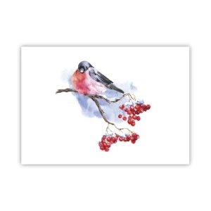 Affiche - Poster - Oiseau sur une branche avec des fruits rouges sur fond aquarelle - 100x70cm - L'hiver en couleurs - Décoration murale moderne pour le salon et la chambre ARTTOR