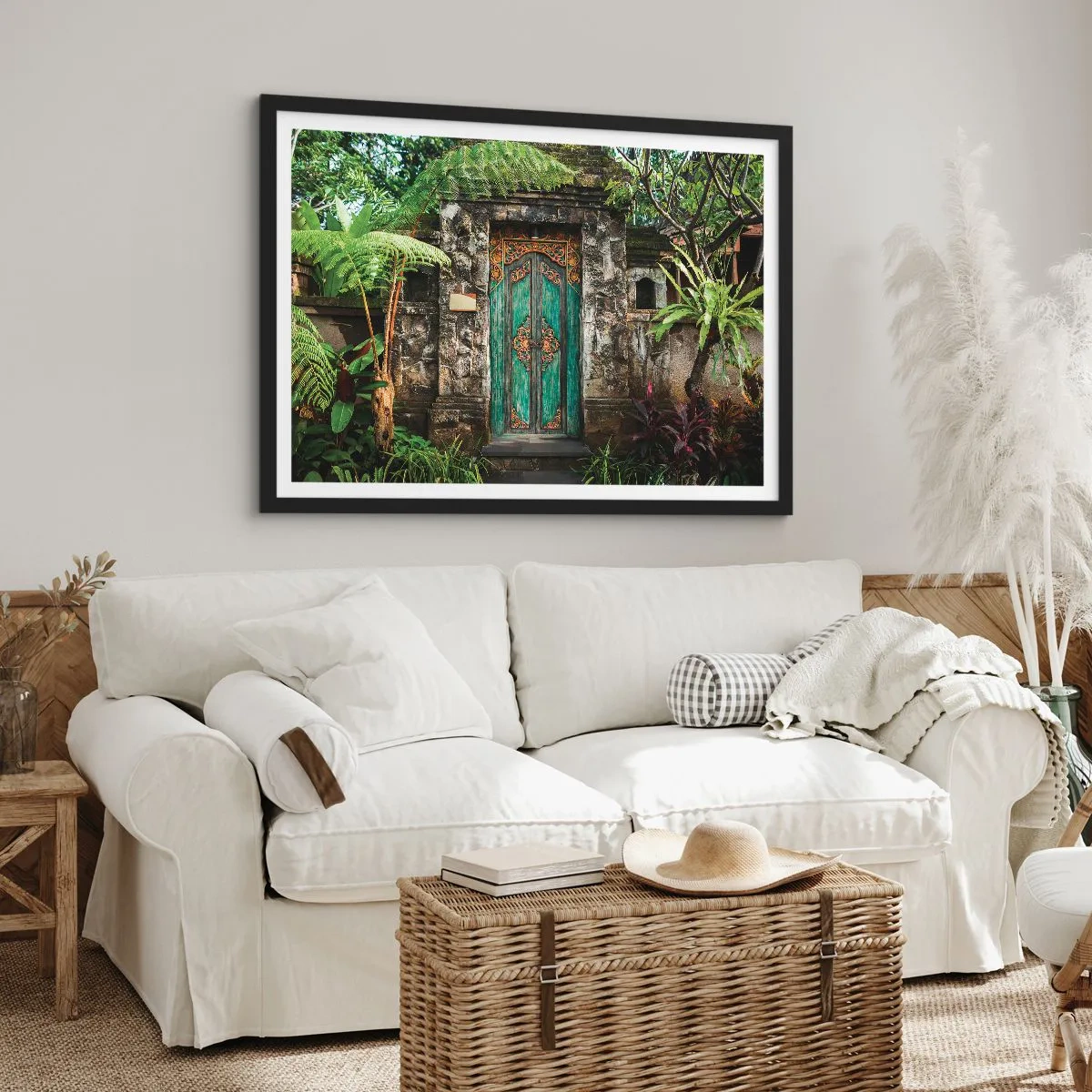 Affiche dans un cadre noir - Poster - Portes décoratives entourées de végétation tropicale - 70x50cm - Porte vers un monde exotique - Décoration murale moderne pour le salon et la chambre ARTTOR