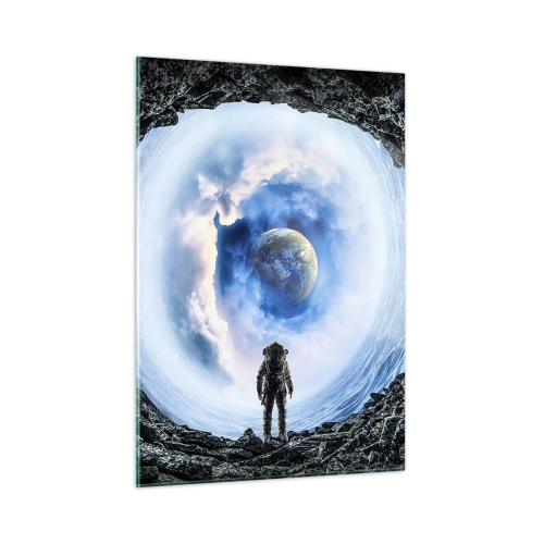 Impression sur verre - Image sur verre - Un astronaute regardant la Terre depuis l'intérieur d'une grotte rocheuse. - 50x70cm - Plus très loin de la maison - Décoration murale moderne pour le salon et la chambre ARTTOR