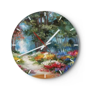 Horloge murale - Pendule murale - Un jardin coloré avec des fleurs et des arbres en arrière-plan - 30x30cm - Jardin forestier, forêt de fleurs - Décoration murale moderne pour le salon, la cuisine et la chambre ARTTOR