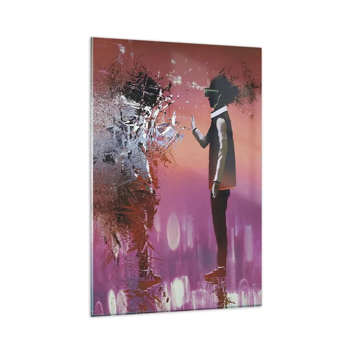 Impression sur verre - Image sur verre - Une scène abstraite avec une figure futuriste et des éléments dispersés. - 80x120cm - Pouvez-vous regarder à l'intérieur de vous-même ? - Décoration murale moderne pour le salon et la chambre ARTTOR