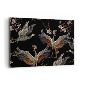 Impression sur toile - Image sur toile - Grues et fleurs élégantes sur fond noir - 120x80cm - Un oiseau de conte de fées - Décoration murale moderne pour le salon et la chambre ARTTOR
