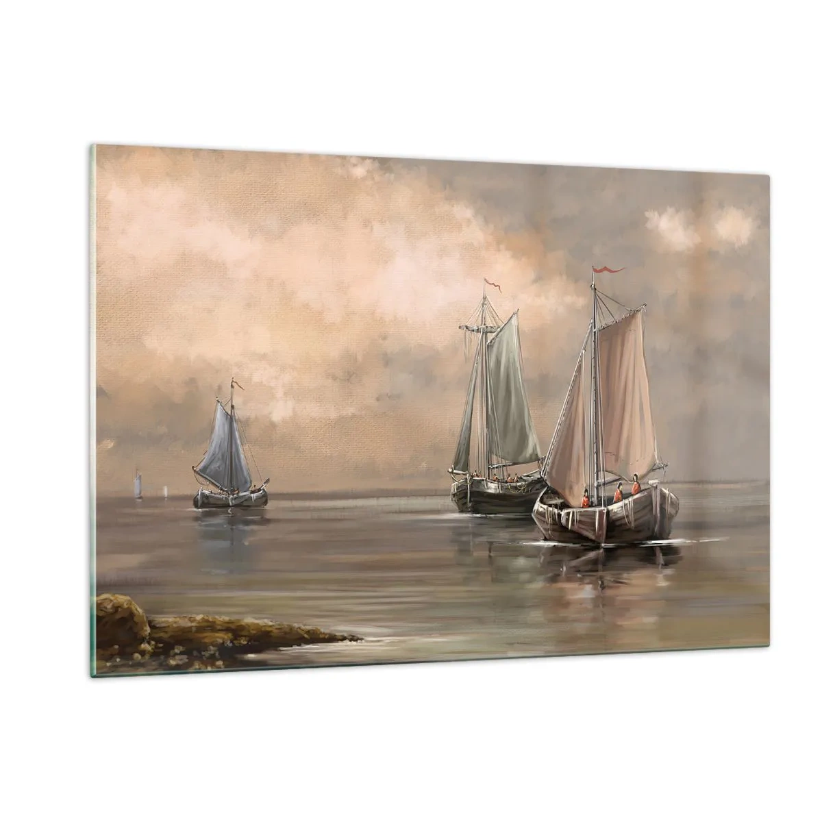 Impression sur verre - Image sur verre - Trois voiliers sur une mer calme aux couleurs pastel - 120x80cm - Le retour des marins - Décoration murale moderne pour le salon et la chambre ARTTOR