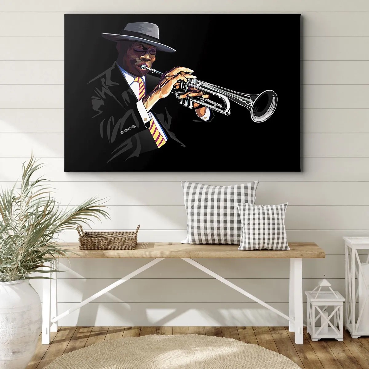 Impression sur toile - Image sur toile - Un musicien jouant de la trompette sur un fond noir - 120x80cm - Le charme de la vieille école - Décoration murale moderne pour le salon et la chambre ARTTOR