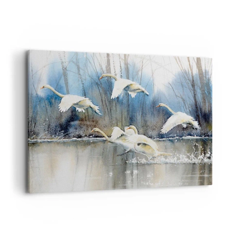 Impression sur toile - Image sur toile - Cygnes en vol au-dessus d'un lac gelé dans un paysage hivernal - 120x80cm - Comme dans un conte de fées sur les cygnes sauvages - Décoration murale moderne pour le salon et la chambre ARTTOR