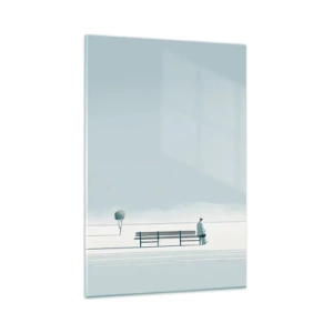 Impression sur verre - Image sur verre - Une personne assise sur un banc dans un paysage minimaliste - 80x120cm - Oui, j'attends. - Décoration murale moderne pour le salon et la chambre ARTTOR