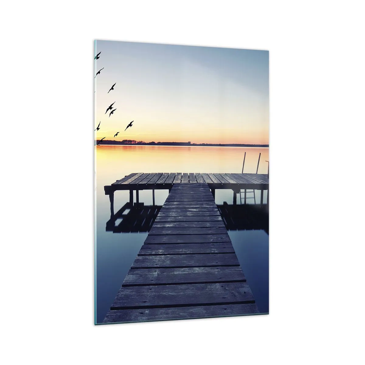 Impression sur verre - Image sur verre - Jetée en bois sur un lac au lever du soleil avec des oiseaux - 70x100cm - C'était une bonne journée - Décoration murale moderne pour le salon et la chambre ARTTOR