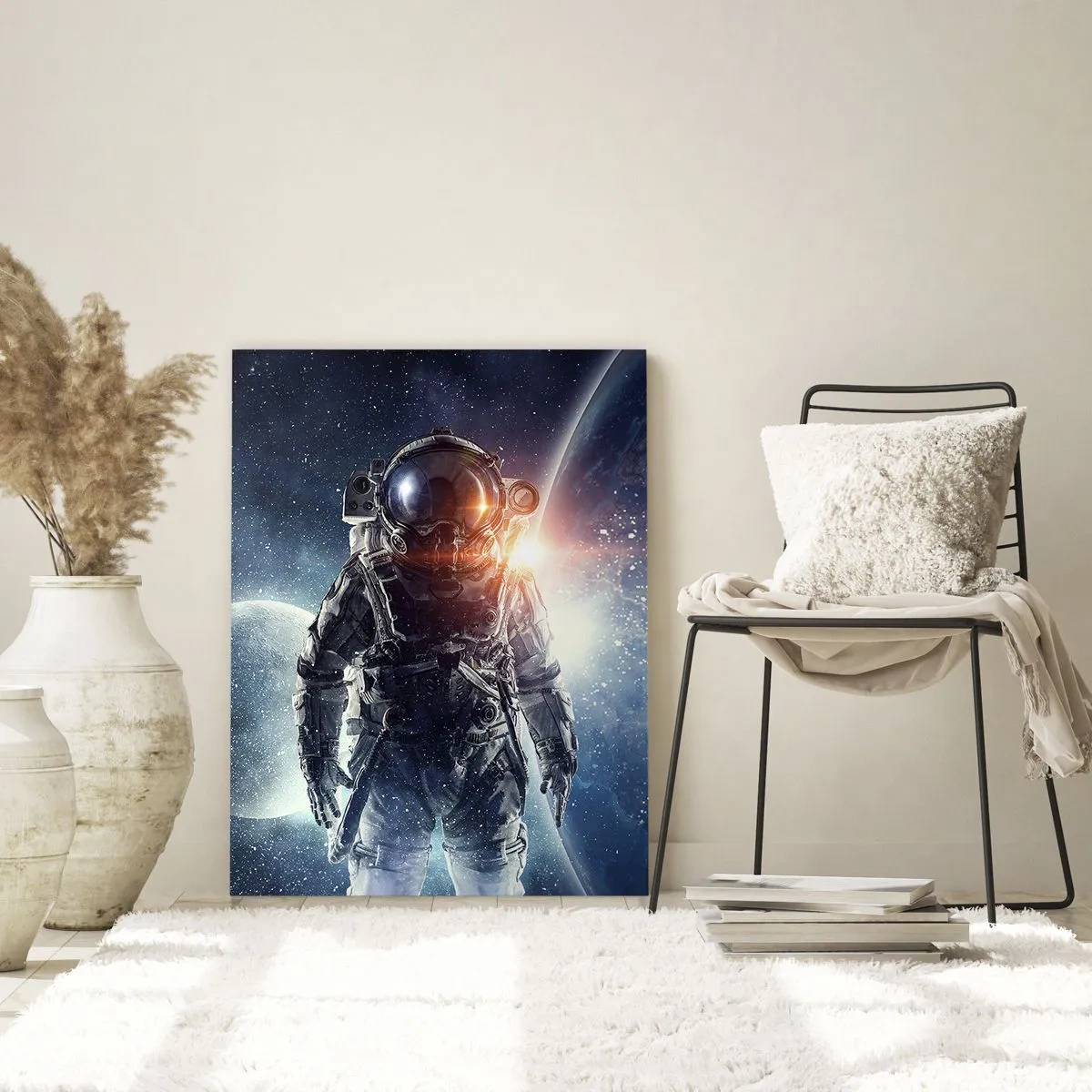Impression sur verre - Image sur verre - Astronaute sur fond de planètes et d'étoiles - 50x70cm - Aventure spatiale - Décoration murale moderne pour le salon et la chambre ARTTOR