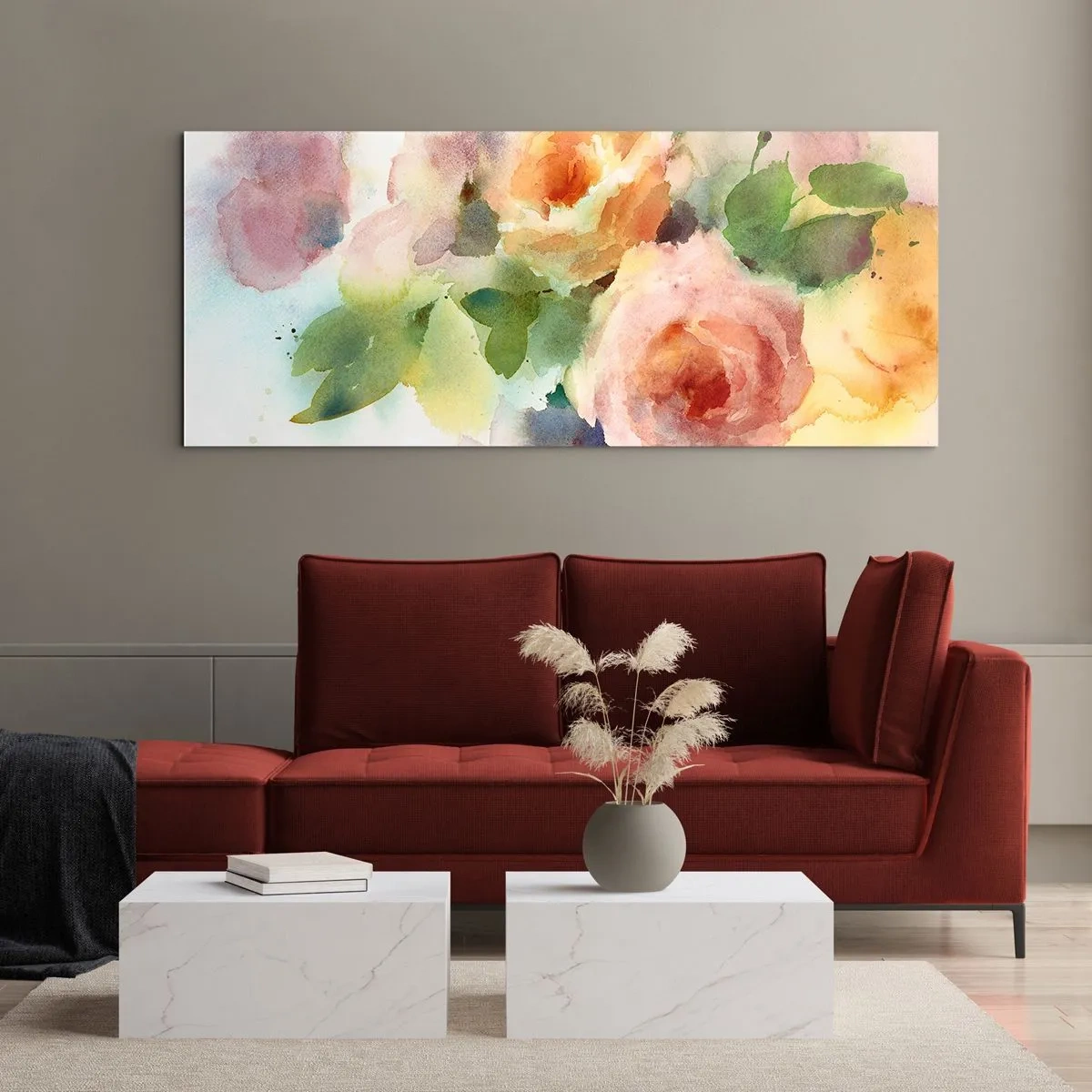 Impression sur verre - Image sur verre - Roses délicates de style aquarelle sur fond clair - 120x50cm - Délicat comme l'aquarelle - Décoration murale moderne pour le salon et la chambre ARTTOR
