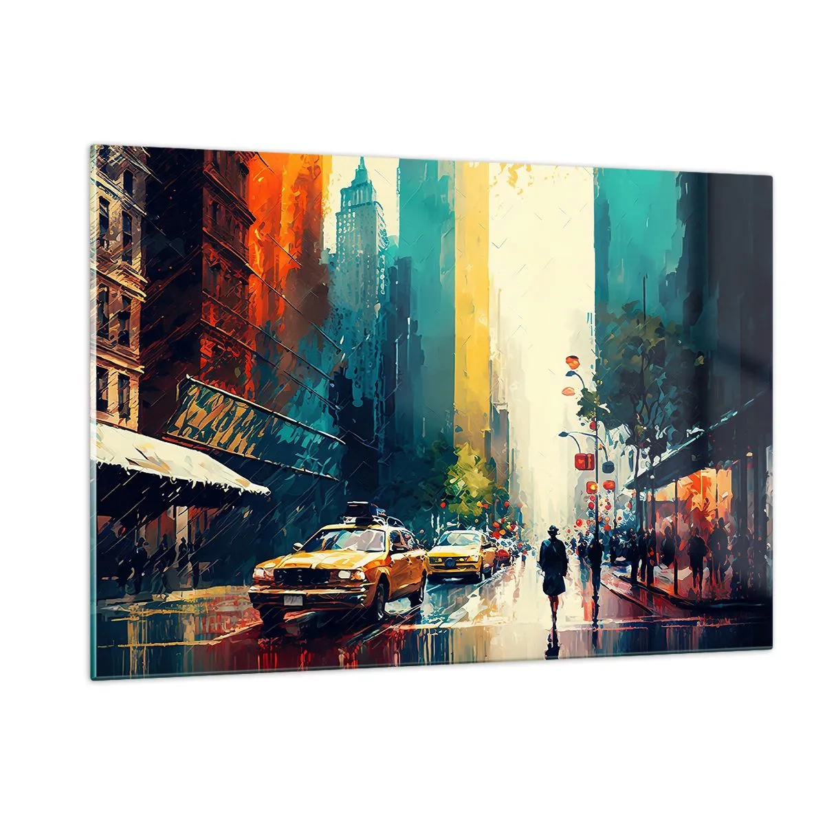 Impression sur verre - Image sur verre - Taxis colorés et gratte-ciels dans une rue humide de la ville - 120x80cm - New York – ici même la pluie est colorée - Décoration murale moderne pour le salon et la chambre ARTTOR