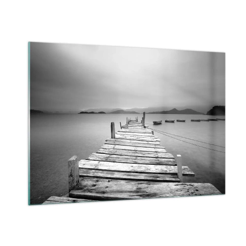 Impression sur verre - Image sur verre - Jetée en bois sur un lac calme en noir et blanc - 100x70cm - Derrière les montagnes, au-delà des mers - Décoration murale moderne pour le salon et la chambre ARTTOR