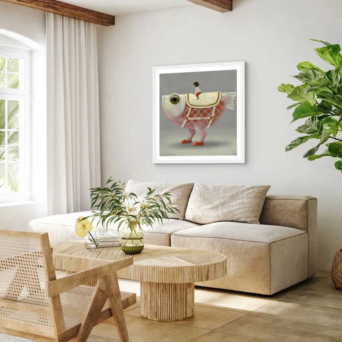 Affiche dans un cadre blanc - Poster - Le cavalier poisson - 40x40 cm