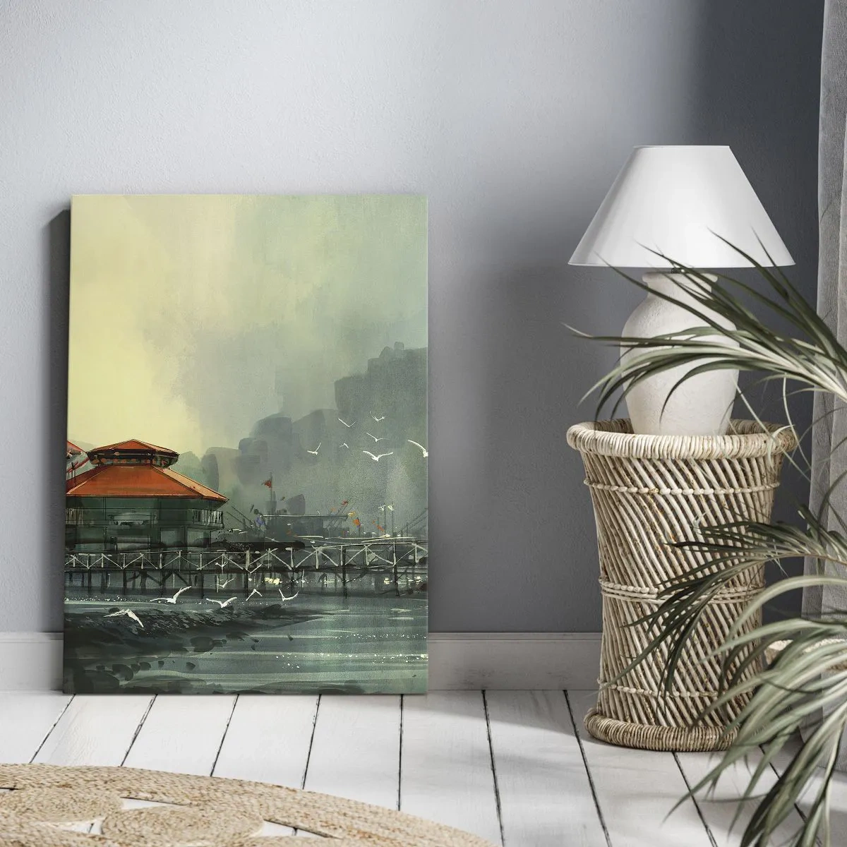 Impression sur toile - Image sur toile - Bâtiments portuaires dans un paysage pluvieux avec des mouettes - 70x100cm - Une journée ensoleillée au port - Décoration murale moderne pour le salon et la chambre ARTTOR