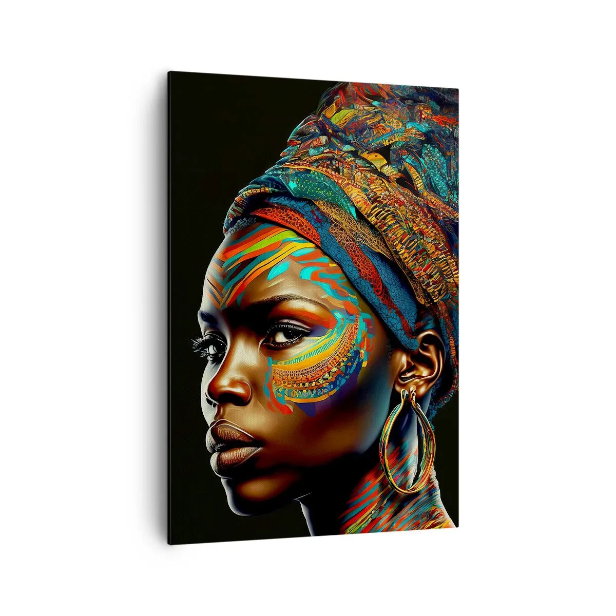 Impression sur toile - Image sur toile - Portrait d'une femme avec un motif coloré et un turban - 70x100cm - reine africaine - Décoration murale moderne pour le salon et la chambre ARTTOR