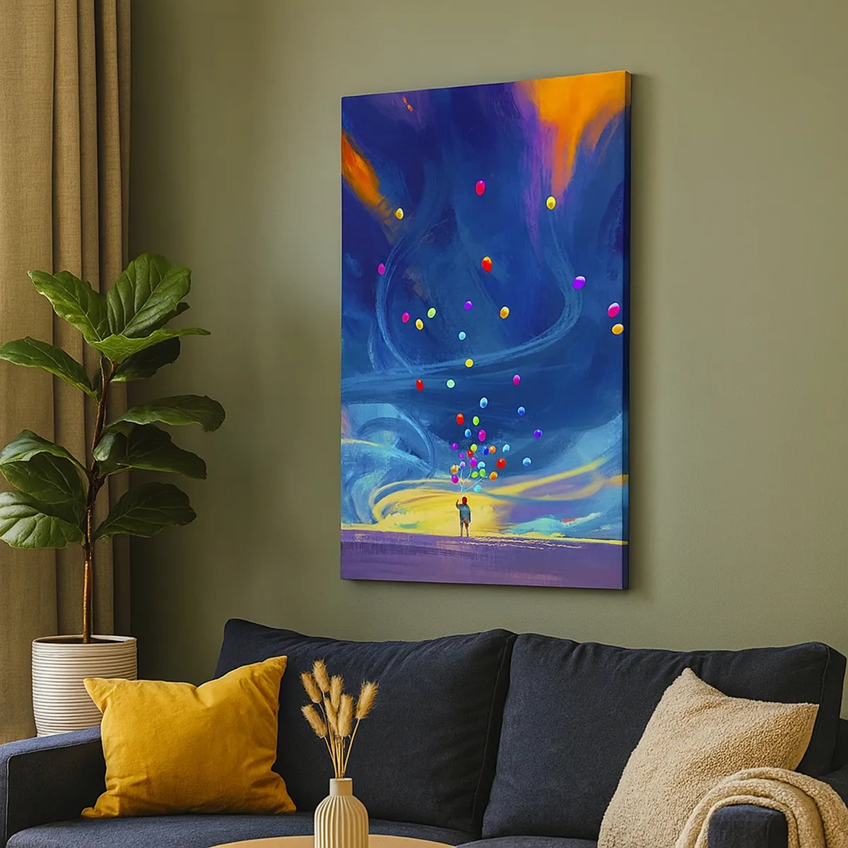 Impression sur toile - Image sur toile - Une silhouette avec des ballons sur un fond de nuages tourbillonnants et colorés - 50x70cm - Au vent bleu ciel - Décoration murale moderne pour le salon et la chambre ARTTOR