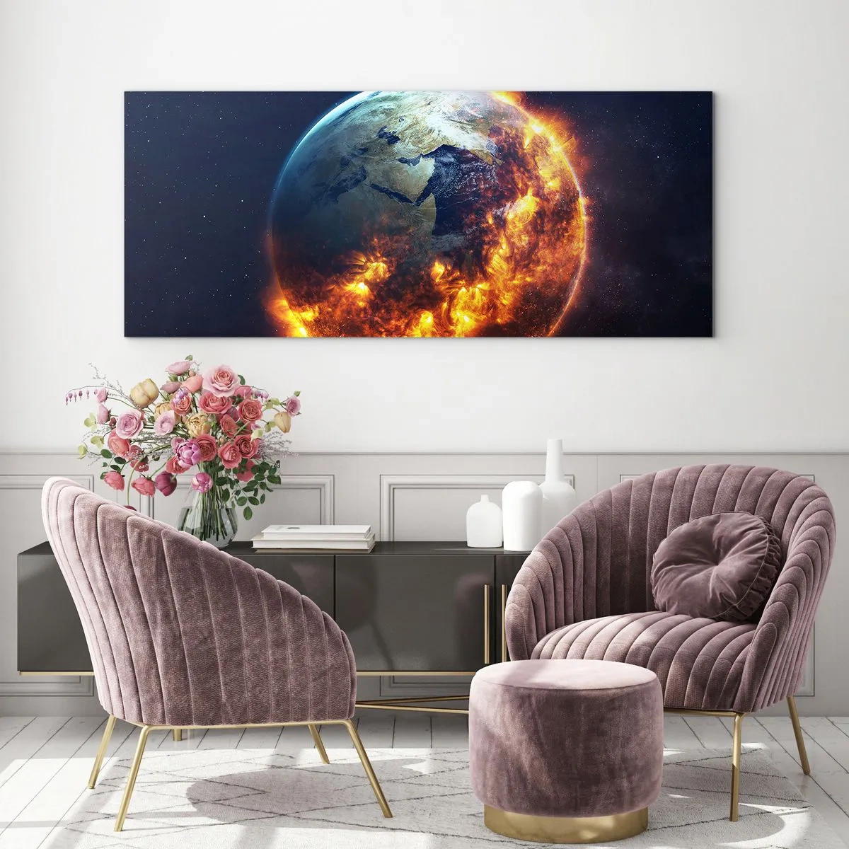 Impression sur verre - Image sur verre - La planète Terre en feu dans l'espace - 120x50cm - La flamme de l'apocalypse - Décoration murale moderne pour le salon et la chambre ARTTOR
