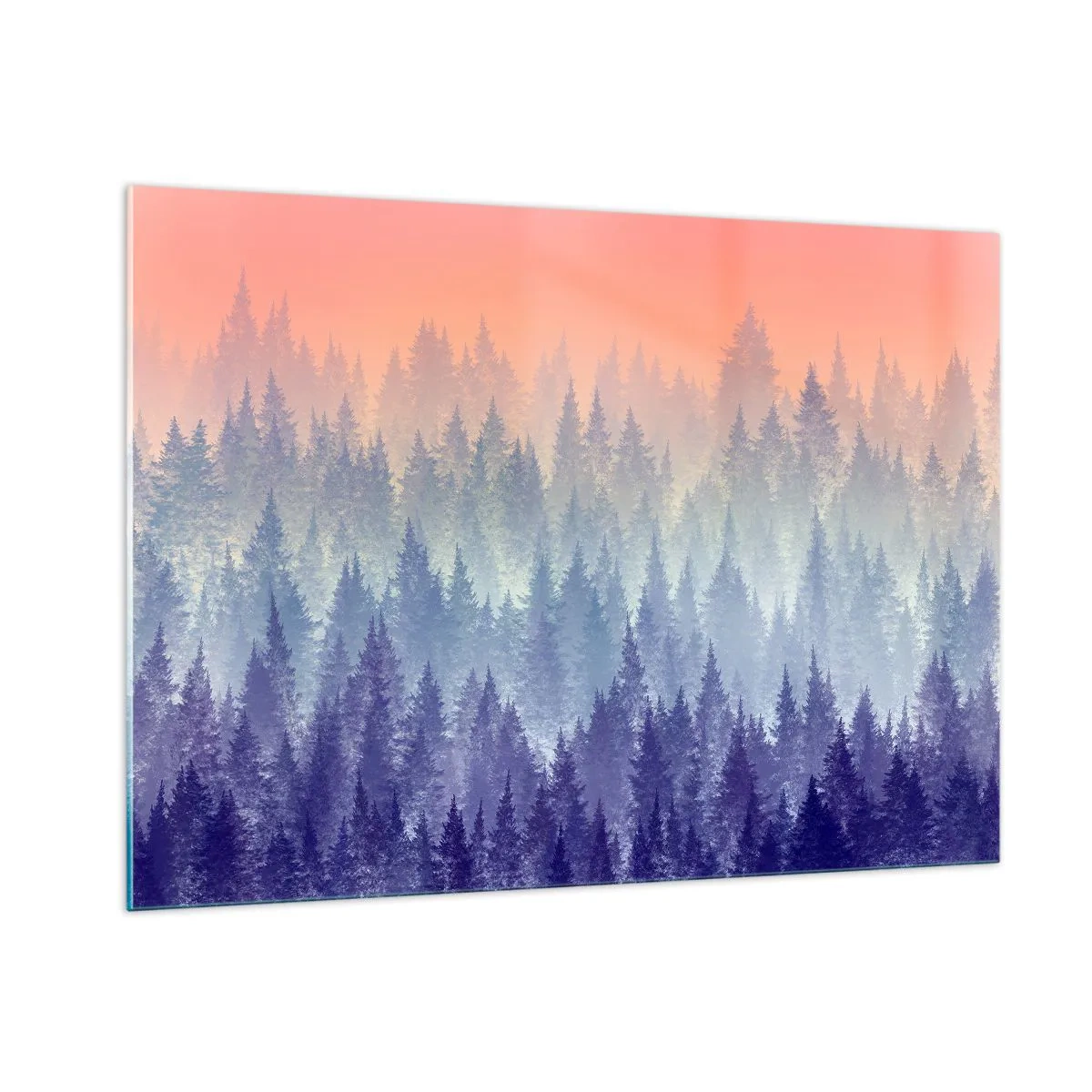 Impression sur verre - Image sur verre - Forêt de conifères mystérieuse aux tons pastel du matin - 100x70cm - Haut, plus haut, vers le ciel - Décoration murale moderne pour le salon et la chambre ARTTOR