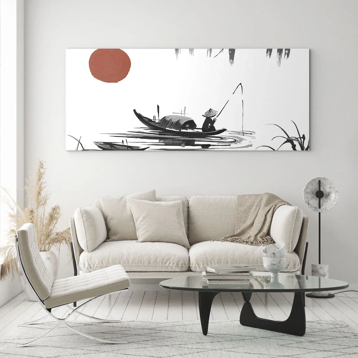 Impression sur verre - Image sur verre - Paysage oriental avec un pêcheur sur un bateau et un soleil rouge - 160x50cm - Après-midi asiatique - Décoration murale moderne pour le salon et la chambre ARTTOR