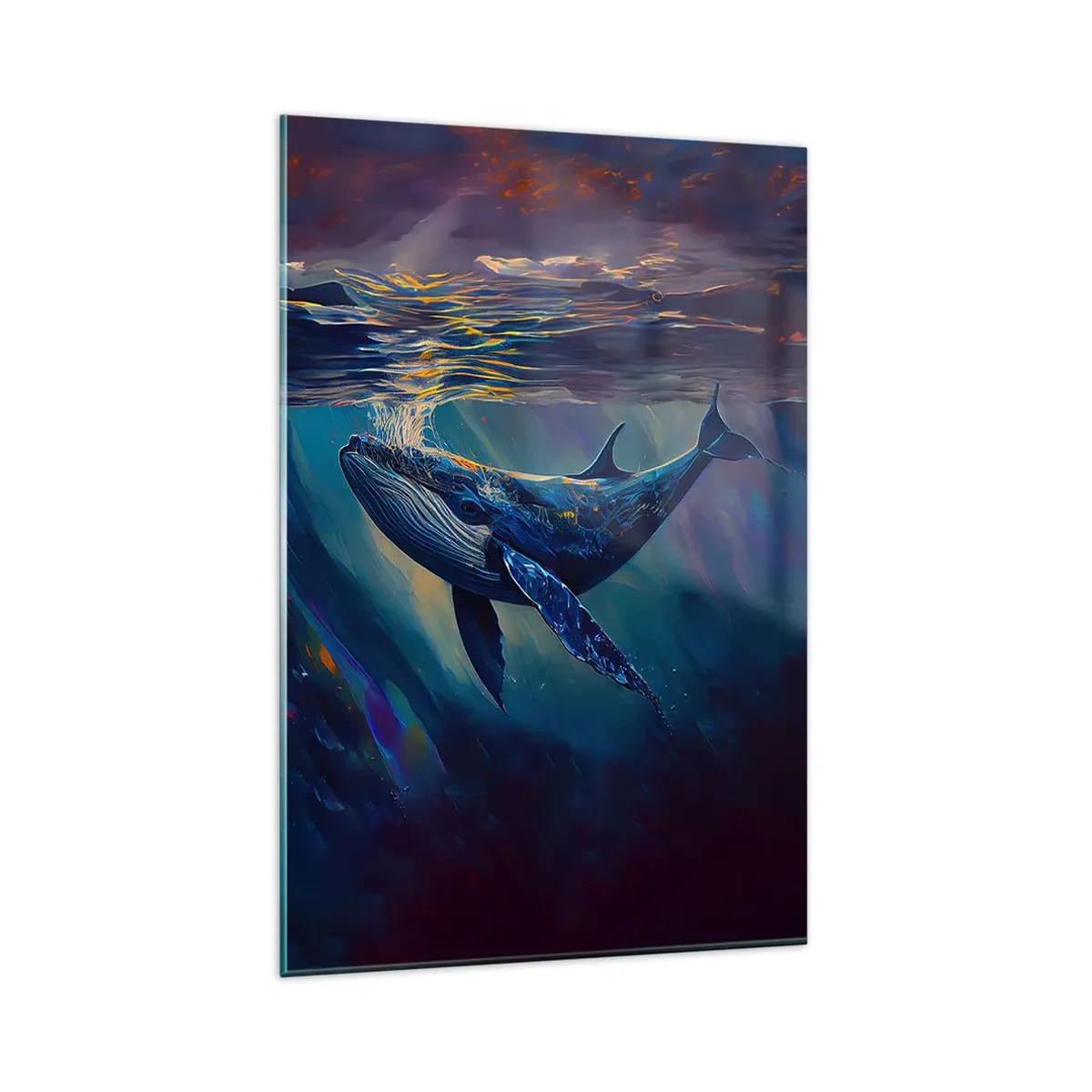 Impression sur verre - Image sur verre - Une baleine dans les profondeurs de l'océan aux couleurs lumineuses - 80x120cm - Bienvenue dans mon monde - Décoration murale moderne pour le salon et la chambre ARTTOR
