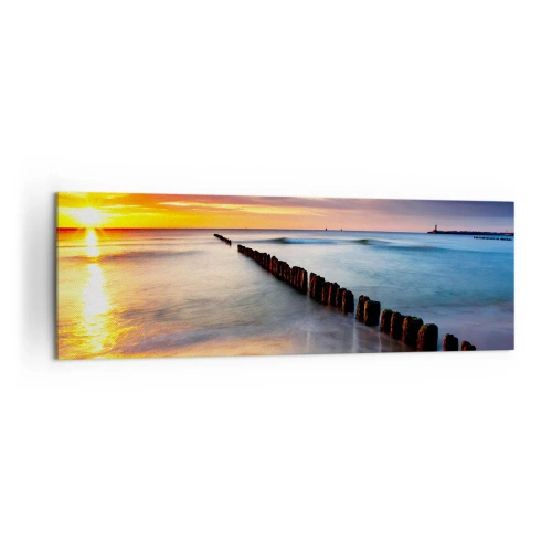 Impression sur toile - Image sur toile - Coucher de soleil sur la mer avec un brise-lames au premier plan - 160x50cm - Ecoute le silence - Décoration murale moderne pour le salon et la chambre ARTTOR
