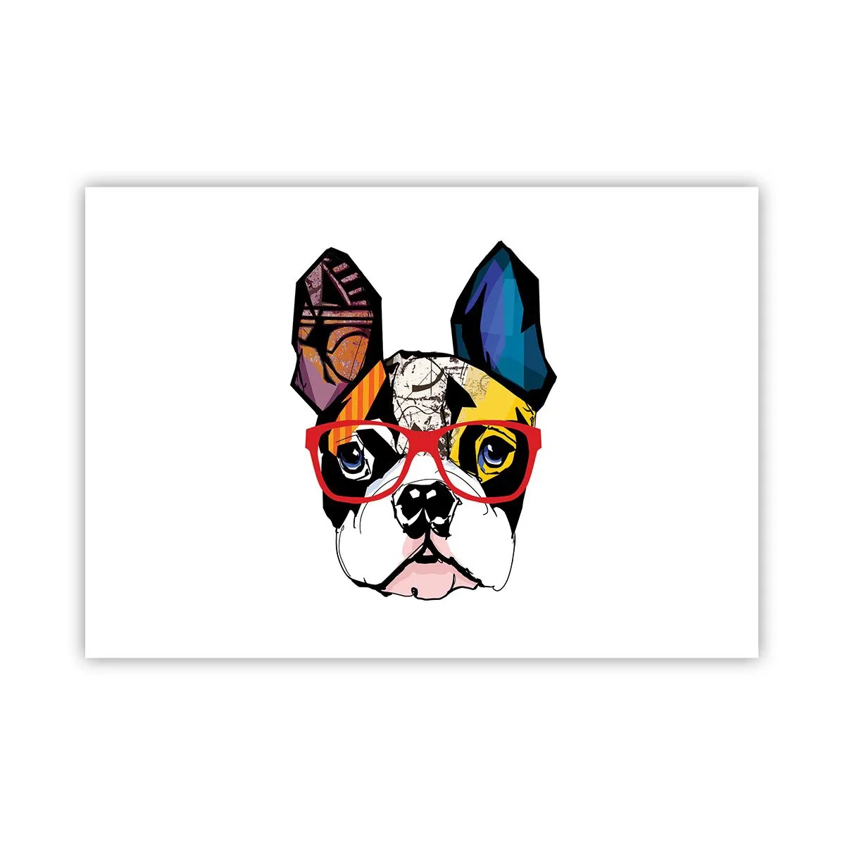 Affiche - Poster - Bouledogue dans une illustration colorée avec des lunettes rouges - 100x70cm - Intellectuel - Décoration murale moderne pour le salon et la chambre ARTTOR