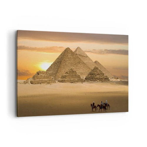 Impression sur toile - Image sur toile - Pyramides d'Égypte au coucher du soleil avec des cavaliers à cheval - 120x80cm - Aucun changement depuis des milliers d'années - Décoration murale moderne pour le salon et la chambre ARTTOR