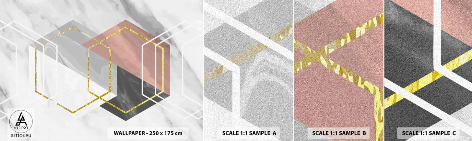 Échantillon de Papier Peint Autocollant Deluxe Sticker - Composition en chaîne - Abstraction, Morceau, Hexagone - 100x30 cm