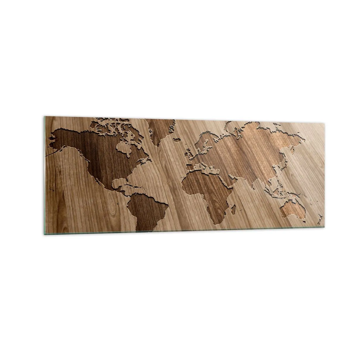 Impression sur verre - Image sur verre - Une carte du monde découpée sur une surface en bois - 140x50cm - Le monde est sur la table - Décoration murale moderne pour le salon et la chambre ARTTOR