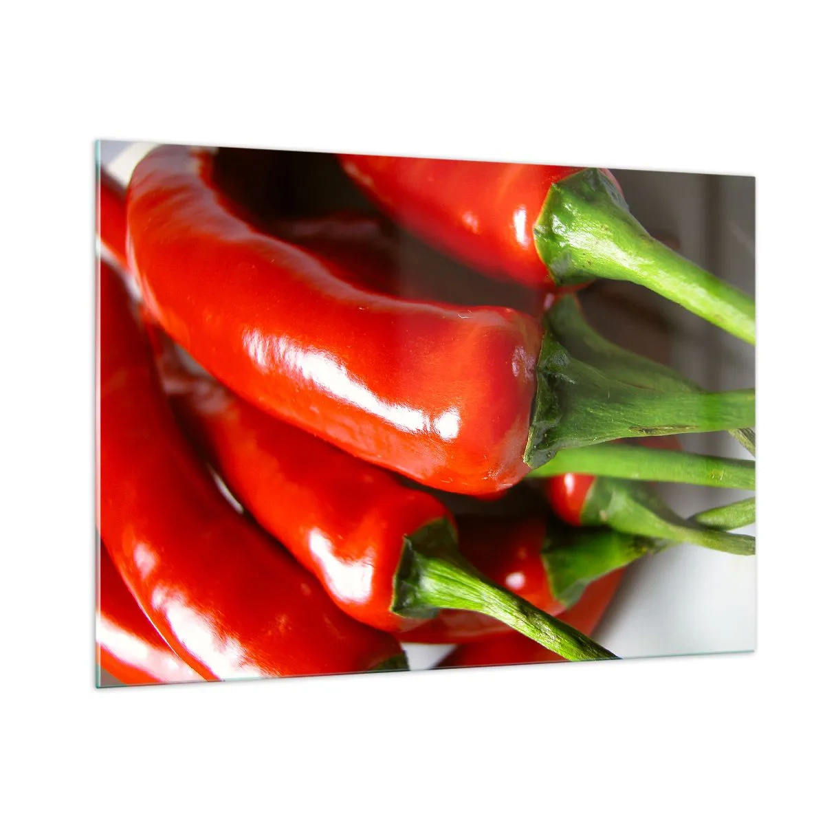 Impression sur verre - Image sur verre - Piments rouges avec des tiges vertes - 100x70cm - Juteux, brillant, lisse - Décoration murale moderne pour le salon et la chambre ARTTOR