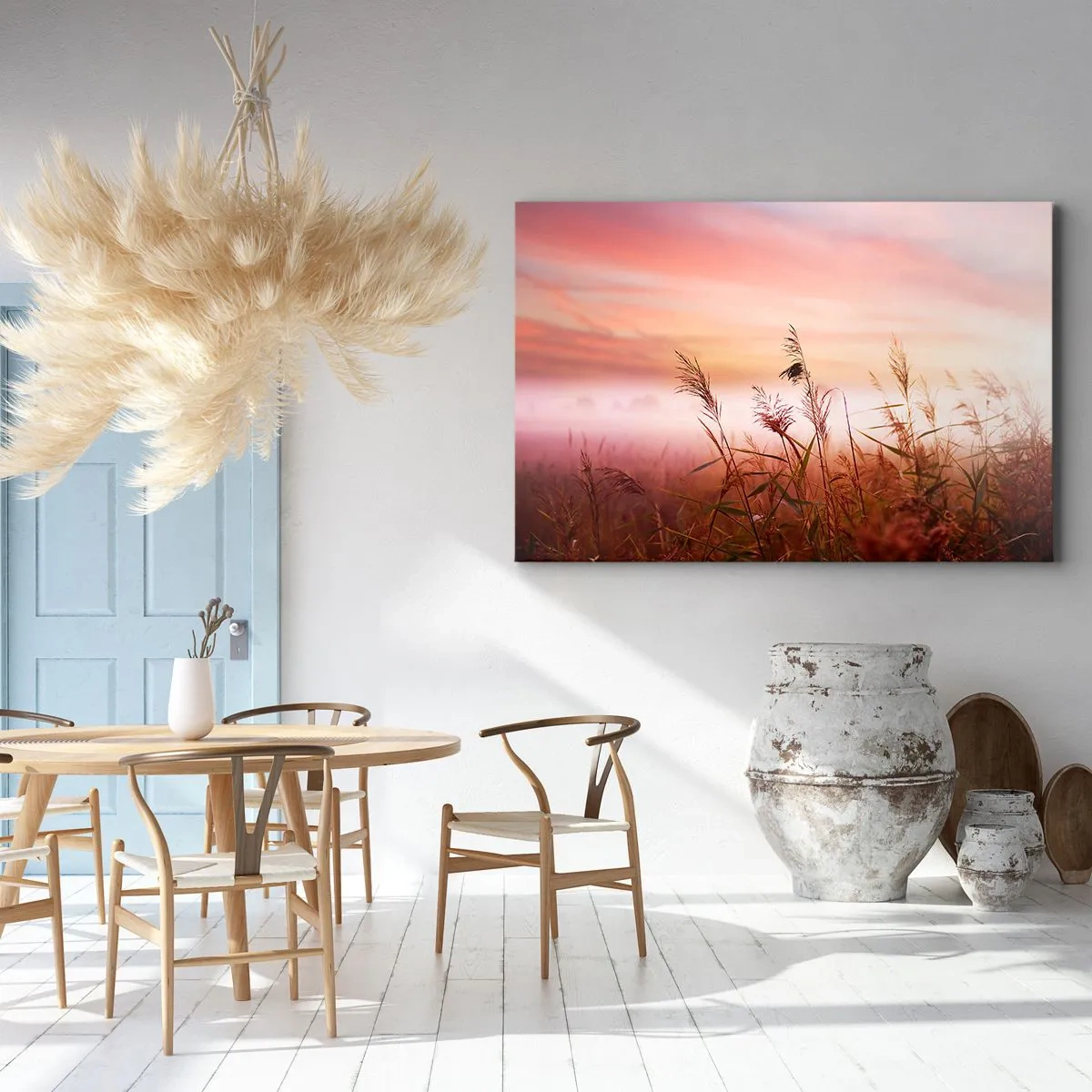 Impression sur toile - Image sur toile - Un champ d'herbe sur fond de coucher de soleil pittoresque - 70x50cm - Cerfs-volants, pissenlits, vent - Décoration murale moderne pour le salon et la chambre ARTTOR