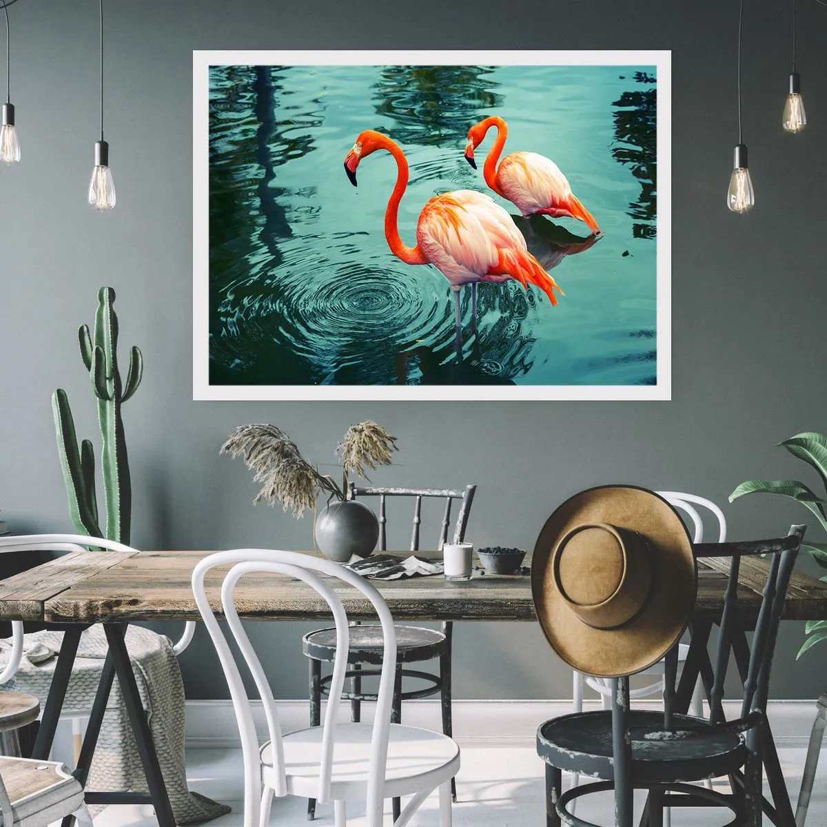 Affiche - Poster - Deux flamants roses dans l'eau calme reflétant leur environnement - 100x70cm - Nous sommes à la mode maintenant - Décoration murale moderne pour le salon et la chambre ARTTOR