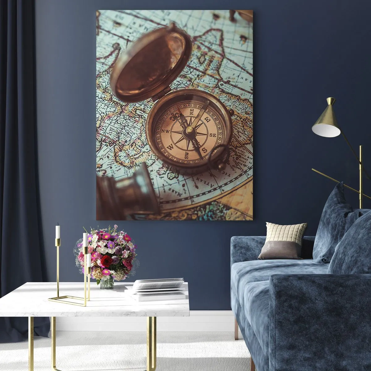 Impression sur verre - Image sur verre - Composition avec une boussole, des clés et une vieille carte dans un style rétro - 70x100cm - Pour ceux qui recherche l'aventure - Décoration murale moderne pour le salon et la chambre ARTTOR