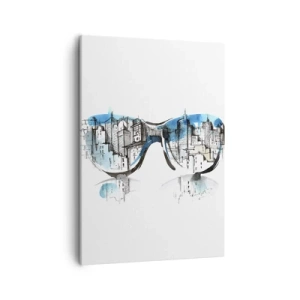 Impression sur toile - Image sur toile - Aquarelle du panorama de la ville reflété dans les verres - 50x70cm - Le chic des grandes villes - Décoration murale moderne pour le salon et la chambre ARTTOR