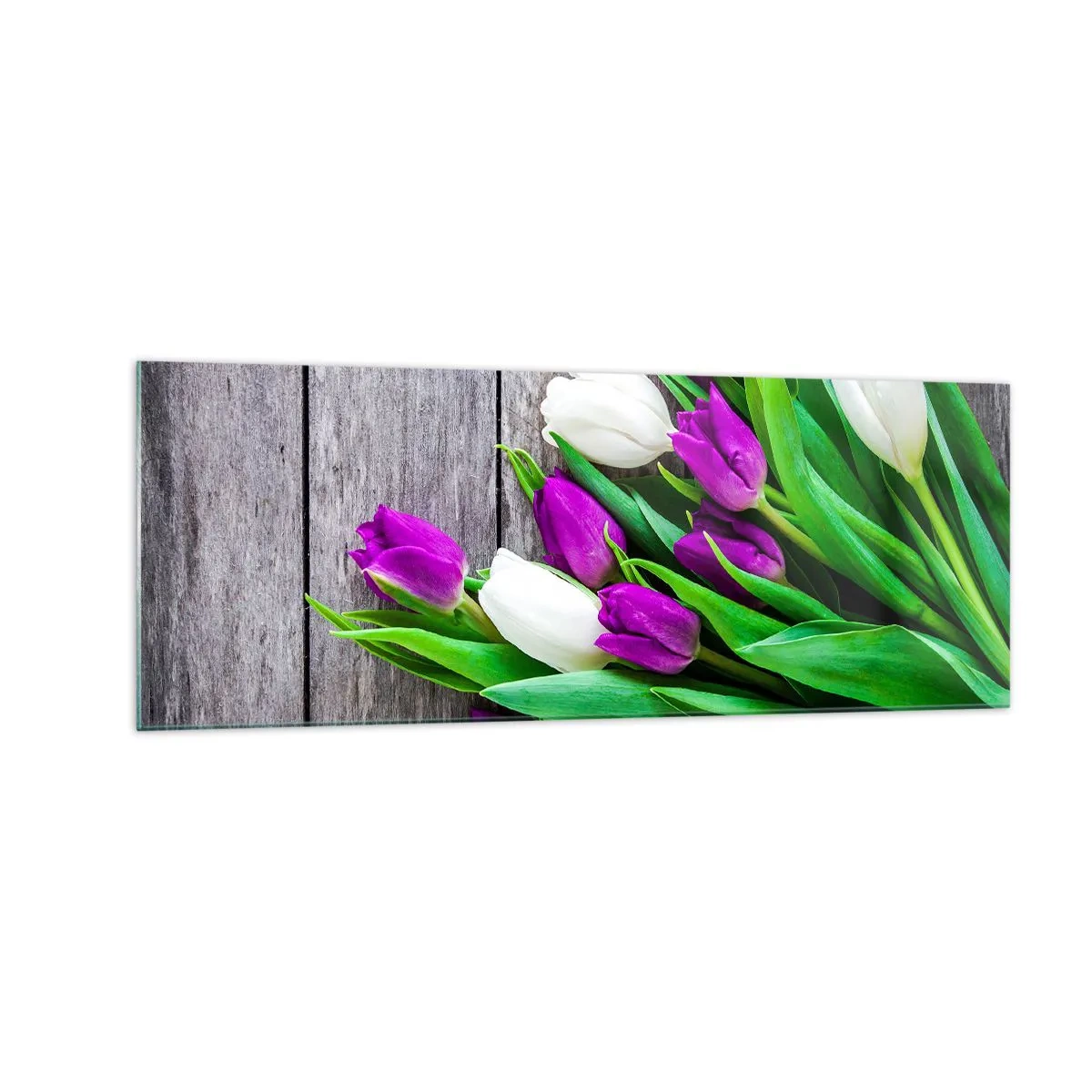 Impression sur verre - Image sur verre - Un bouquet de tulipes violettes et blanches sur un fond en bois - 140x50cm - Le jour des vacances de printemps - Décoration murale moderne pour le salon et la chambre ARTTOR